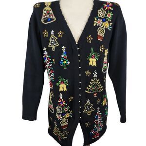 Studio Collection Sweater Womans Medium Black Beaded Christmas Cardigan